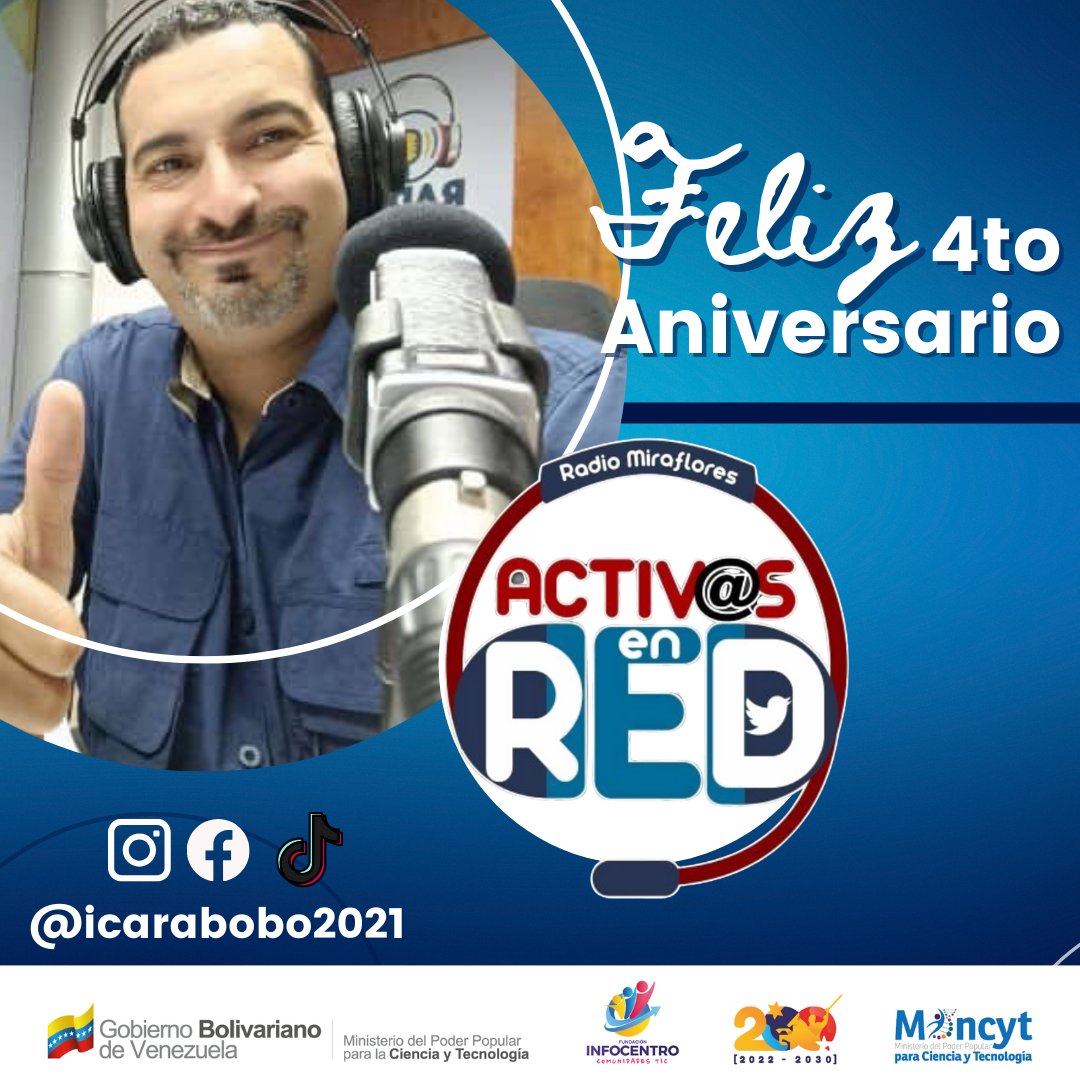 Car57BC's tweet photo. Celebrando un año más de inspirar y conectar a través de radio con Activos en Red. ¡Felicidades! #4AñosActivosEnRed
@NicolasMaduro @Gabrielasjr @LaRosaInfoVE @elianapnat @Mincyt_VE @brigadasCHCH @@SomosRMNoticias @InfocentroOce @enunclicvlc https://t.co/h27QbZGgIK