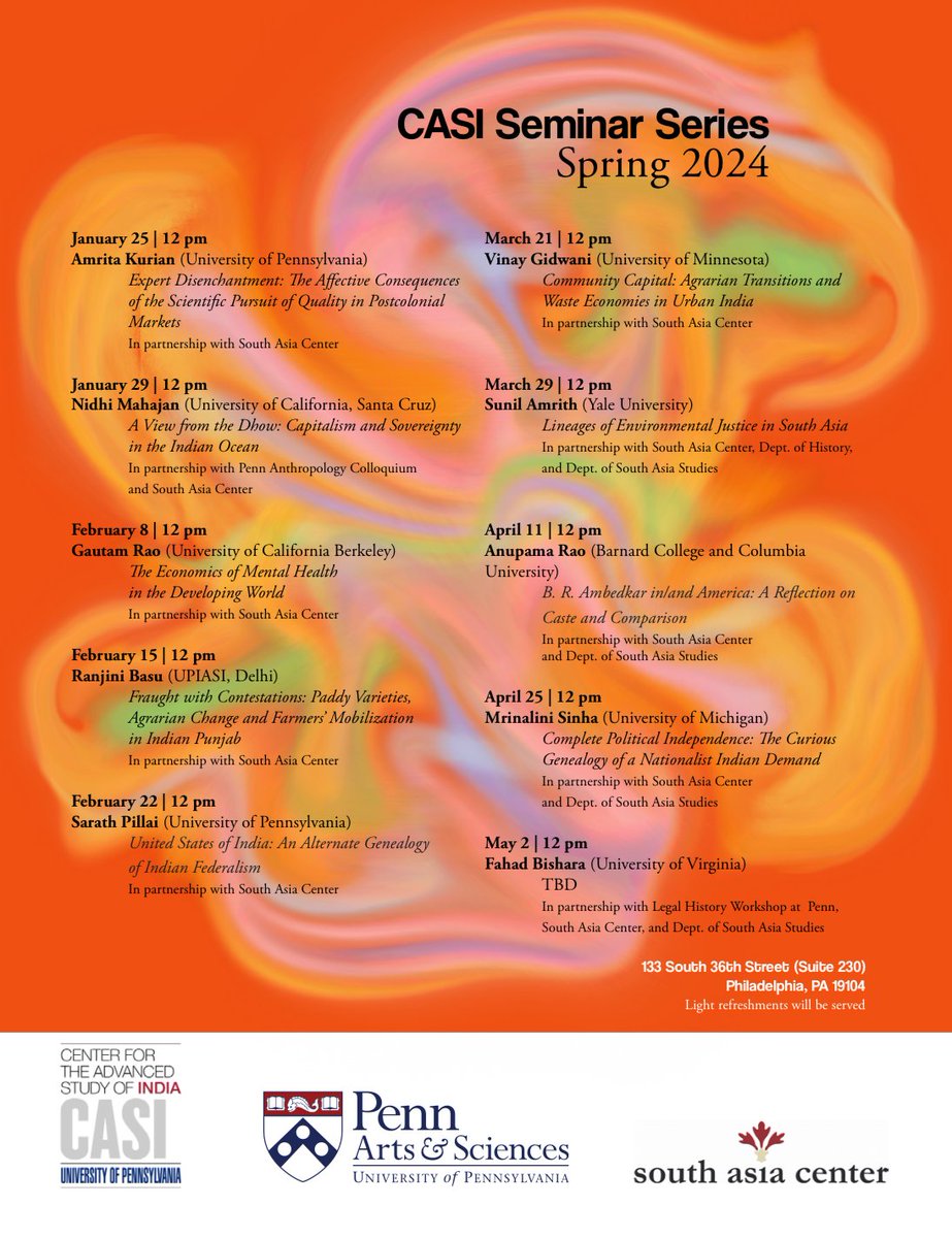 Super chuffed and equal parts giddy about this upcoming @CASIPenn spring seminar series. Looking forward to speaking on my postdoctoral research and meeting and listening to many others while on campus next month. @upiasi