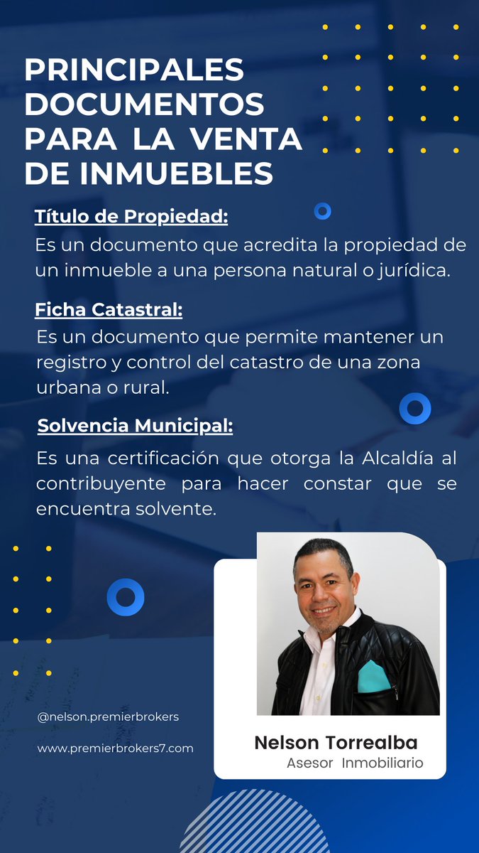 nelsontorrealba's tweet photo. Es importante conocer los documentos requeridos para vender un inmueble, aquí los principales: Títulos de Propiedad, Cedula Catastral y Solvencia Municipal

Llama para asesorarte en el proceso Venta, Compra o Alquiler de inmuebles.

#PremierBrokers https://t.co/YrxhyWbQze