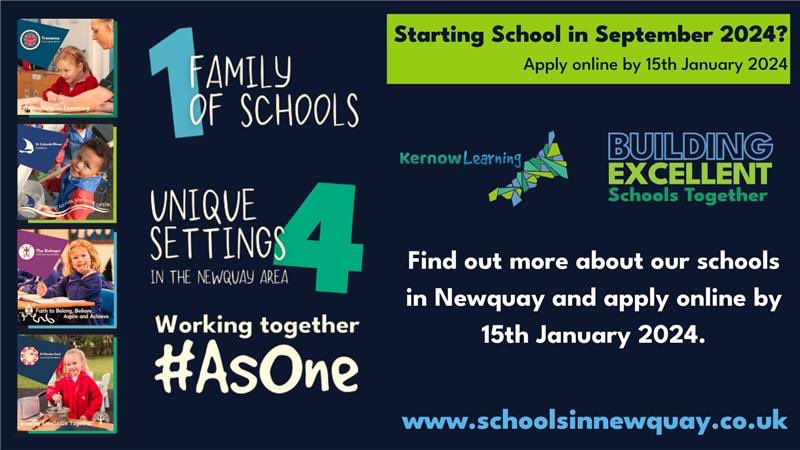 Do you live in or near #Newquay with a child born between 01.09.19 and 31.08.20 ? If so, make sure you have applied for a place for school by 15.01.24 .

Find out more and apply online at schoolsinnnewquay.co.uk.

<a href="/TrenanceAcademy/">Trenance Learning Academy</a> <a href="/ColumbMinorAcad/">Columb Minor Academy</a> <a href="/TheBishops_/">The Bishops'</a> <a href="/stnewlyneast/">St Newlyn East Learning Academy</a>