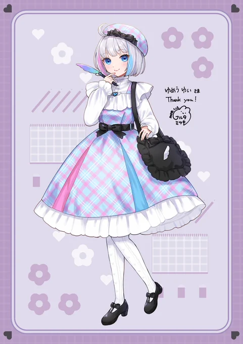 #Skeb  にてフルタミツキ #fmitsuki358 さんに 衣装お仕立てして頂きました～フリルがキュートなワンピース(*'˘`*)黒いリボンやバック、靴がペンと一緒にアクセントになっている～ ありがとうございました('ᴖωᴖ`)  #ゆめうつし