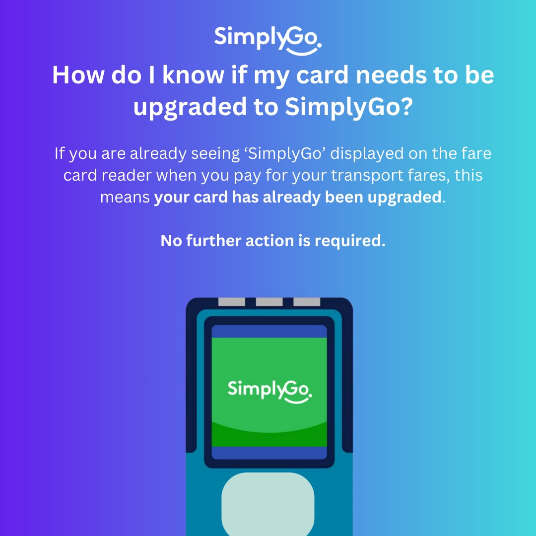 LTAsg's tweet photo. 🤔 Wondering if you need to upgrade your card to #SimplyGo? Read on to find out!
#DoYouKnow that you can just upgrade your existing EZ-Link adult card (if it has no SimplyGo logo) and there’s no need to obtain a new one? #NowYouKnow https://t.co/MauwdJjIPq