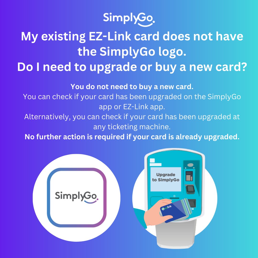 LTAsg's tweet photo. 🤔 Wondering if you need to upgrade your card to #SimplyGo? Read on to find out!
#DoYouKnow that you can just upgrade your existing EZ-Link adult card (if it has no SimplyGo logo) and there’s no need to obtain a new one? #NowYouKnow https://t.co/MauwdJjIPq