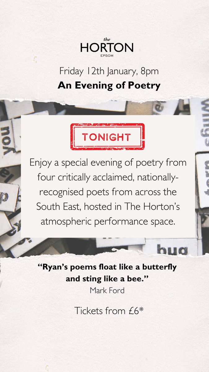 👇Tonight at The Horton 👇 Come along and enjoy amazing poetry from four talented, critically acclaimed poets. Poets Declan Ryan, Emily Hasler, Sarah Westcott and James Goodman will be reading their work in The Horton’s atmospheric performance space. Tickets from £6*