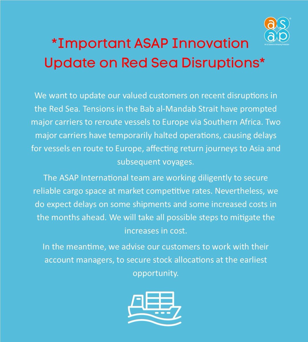 AsapInnovations's tweet photo. 🚨 Important Update on Recent Disruptions 🚨 
We apologize for any inconvenience. Feel free to get in touch to express your concern.
EU: info@whyasap.ie 
UK: info@whyasap.co.uk 
.
.
.
#redseadisruptions  #asapinnovations #cargo https://t.co/JlibMSY020