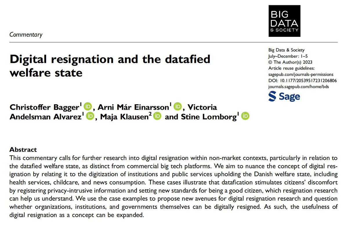 Big Data & Society (@bigdatasoc) on Twitter photo Digitalisation of public services generates new demands on citizens, e.g. good parenting is now checking school apps. <a href="/ChristBagger/">Christoffer Bagger</a> @ArniEinarsson1 <a href="/Vico_Andelsman/">Victoria Andelsman</a> @Majaklausen1 <a href="/stinelomborg/">Stine Lomborg</a> explore how resignation applies in the datafied welfare state: buff.ly/3QPRoLS Digitalisation of public services generates new demands on citizens, e.g. good parenting is now checking school apps. <a href="/ChristBagger/">Christoffer Bagger</a> @ArniEinarsson1 <a href="/Vico_Andelsman/">Victoria Andelsman</a> @Majaklausen1 <a href="/stinelomborg/">Stine Lomborg</a> explore how resignation applies in the datafied welfare state: buff.ly/3QPRoLS