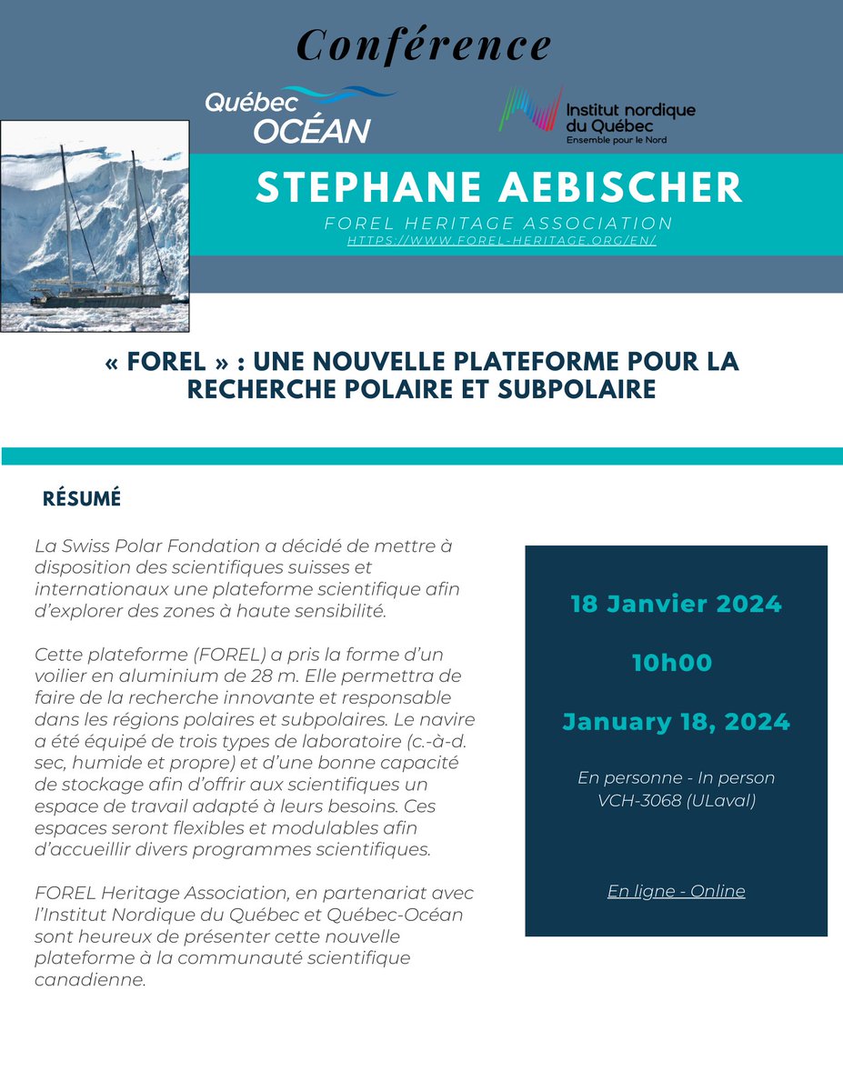 Join us for a briefing session about the #FOREL research platform 🇨🇭 ⛵ 📅 January 18th, 2024, at 10 am ET 📍 Pavillon Alexandre Vachon, room 3068, @universitelaval campus, Québec, 🇨🇦  or online (@Institutnord @QuebecOcean) Register 👉 inq.ulaval.ca/fr/evenement-f…