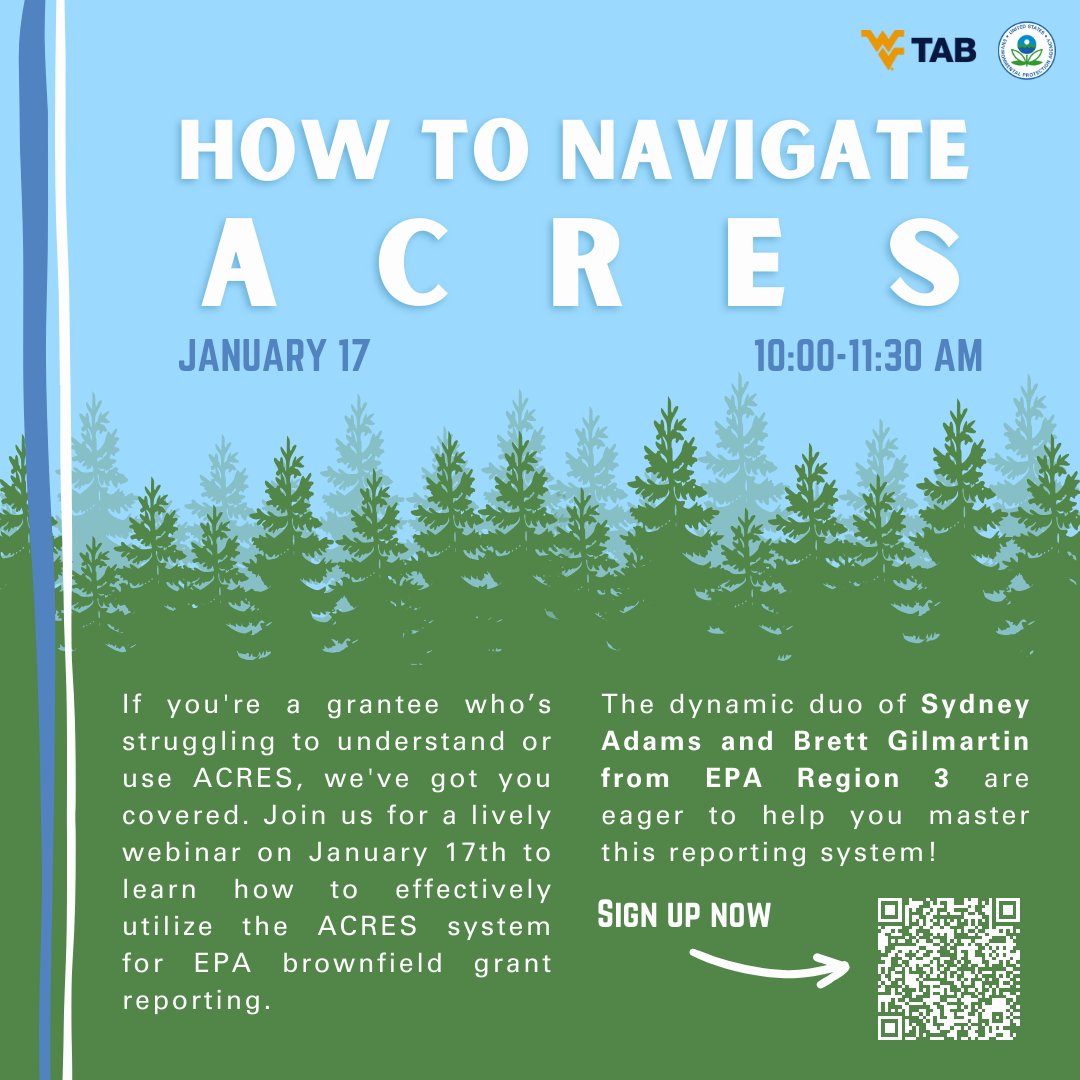 WvuTab's tweet photo. Don't sleep on this ACRES webinar for brownfield grantees next Wed.! EPA's Sydney Adams & Brett Gilmartin will do a demo, cover common issues, & answer your questions.
https://t.co/jfQLztuIJQ
#brownfields #acres #grantlife #reportingtime #Region3Rockstars @EPAregion3 @EPAland https://t.co/pDz3gBGgeX