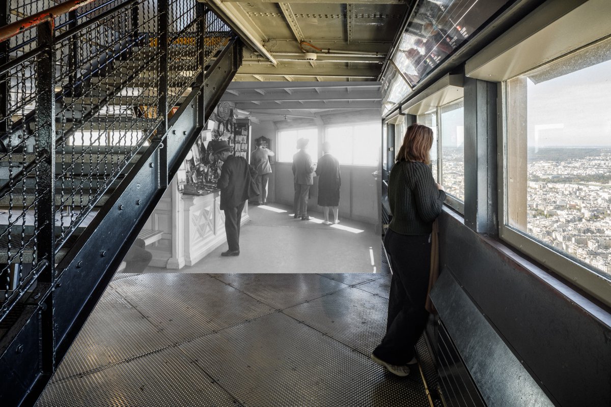 LaTourEiffel's tweet image. 🇫🇷 Depuis 135 ans, à leur sortie des ascenseurs, mes visiteurs peuvent profiter du niveau inférieur de mon sommet pour flâner et admirer la vue à 360° sur Paris tout en étant abrités.
#AvantAprès