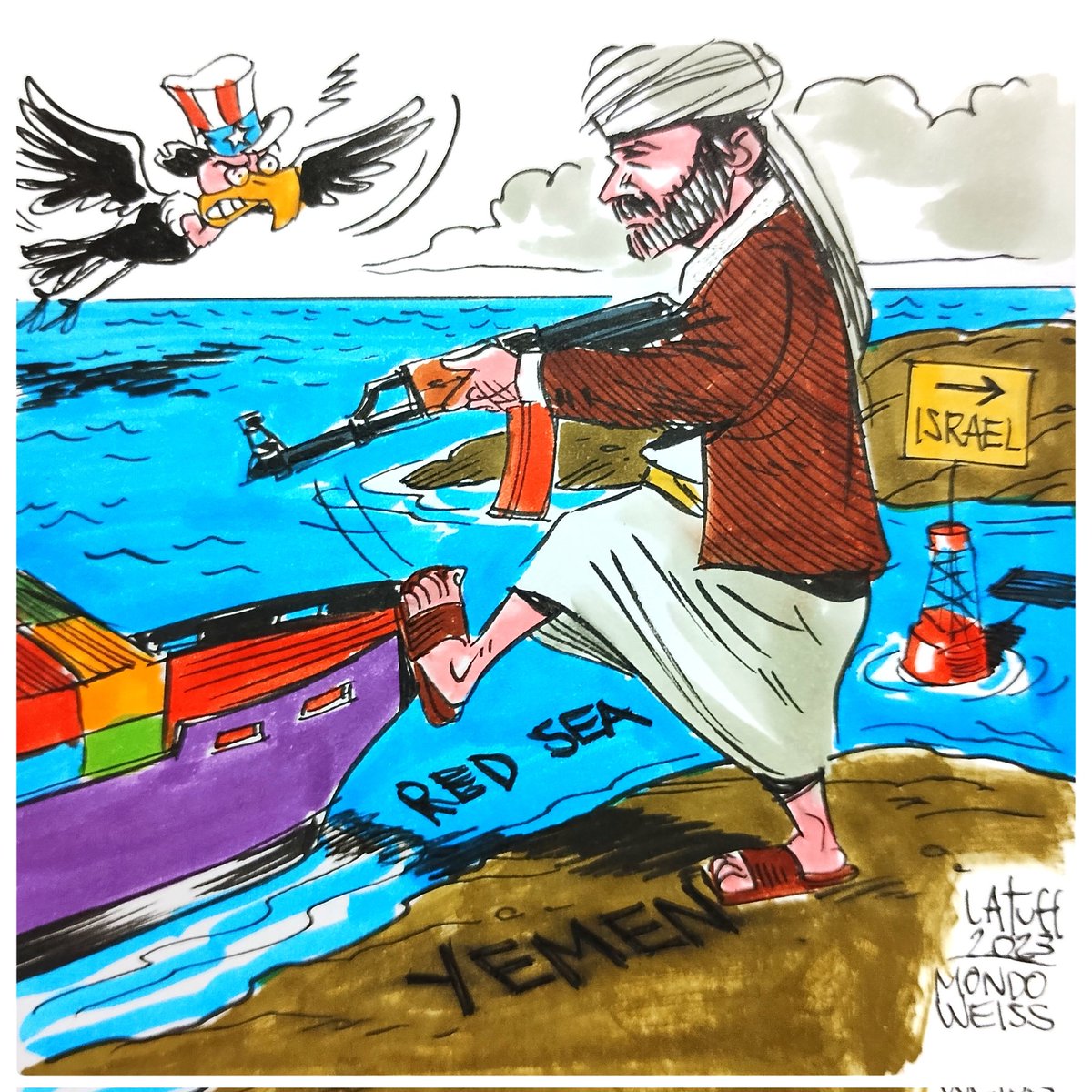 LatuffCartoons's tweet photo. Unlike other Arab countries that signed "normalization" agreements and even cooperated with the Israeli genocide in Gaza, the brave people of Yemen didn't betray its Palestinian brothers and sisters, and for this reason it's now the target of attacks by the US and UK. https://t.co/f6mFenPnuf