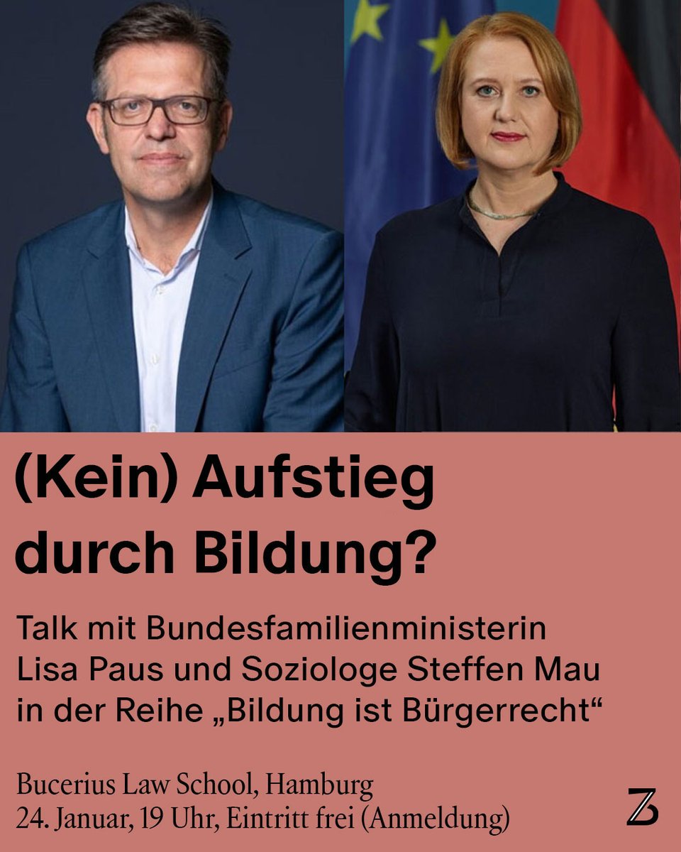 Woher kommt soziale Ungleichheit? Gibt es Aufstieg durch Bildung noch? Und was braucht jetzt #Bildungspolitik? Familienministerin @lisapaus diskutiert dazu mit dem Soziologen @MauSteffen am 24. Januar um 19 Uhr in der @bucerius_law in Hamburg. Dabei sein: zeit-stiftung.de/veranstaltunge…