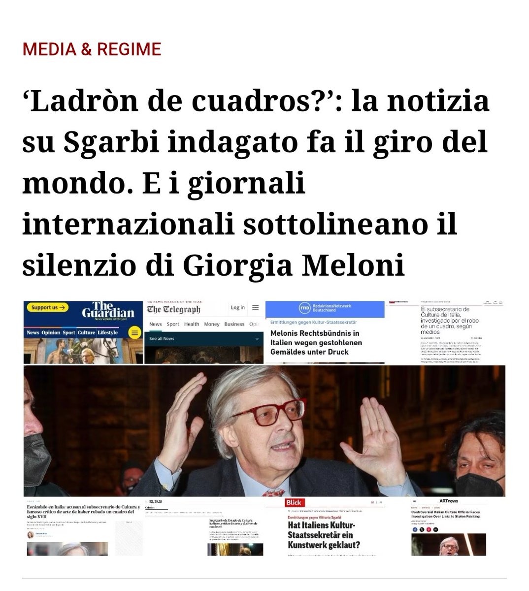 Questo governo voleva arrivare su tutto il #globoterracqueo. Ecco ci è arrivato grazie al #LadrònDeCuadros.
Figura del cavolo a livello mondiale del governo Meloni.
Si fanno sempre riconoscere per le cose negative.
#SgarbiDimettiti