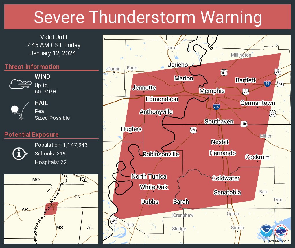Severe Thunderstorm Warning including Memphis TN, Bartlett TN and  Southaven MS until 7:45 AM CST