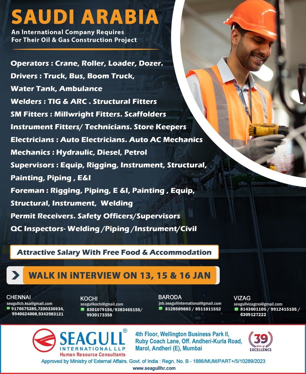 hrd1_seagull's tweet photo. 🇸🇦Saudi Arabia Jobs
.📝 Walk In Interview On 13th , 15th & 16th Jan 2024
📍Location - Chennai , Kochi , Baroda & Vizag
.
.
.
#saudiarabiajobs #seagull #chennaijobs #kochijobs #barodajobs #vizagjobs #operator #driver #watertank #welder #instrumentfitter #electrician https://t.co/CsHpD5krt7
