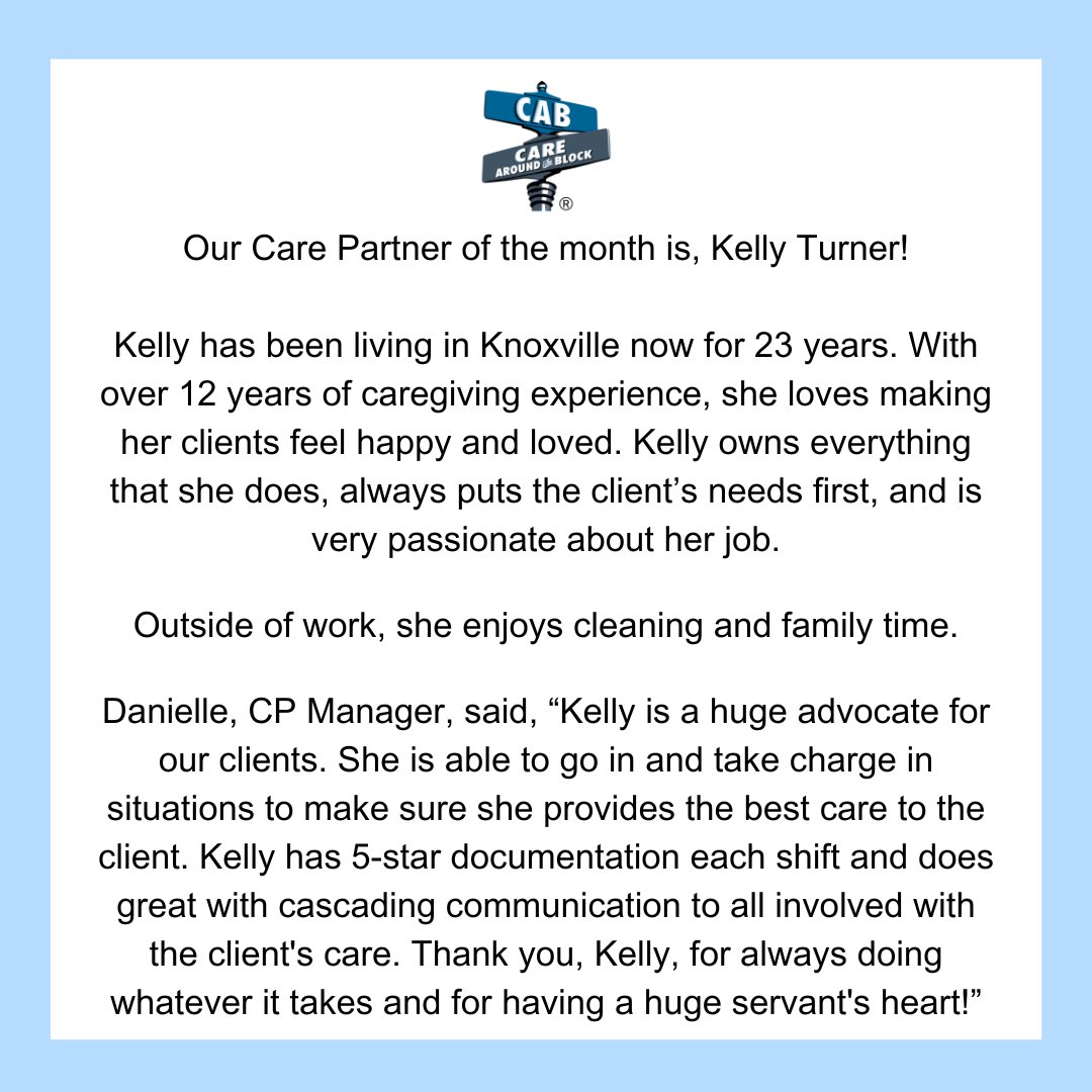 Caring4urblock's tweet photo. Our CP of January is 🎈Kelly Turner🎈! We appreciate you and all you do for the team!

Visit our website to join our team! https://t.co/5K2rrAtkXN

#seniorCare #Caregivers #Caregiving https://t.co/Pe697jxKmU