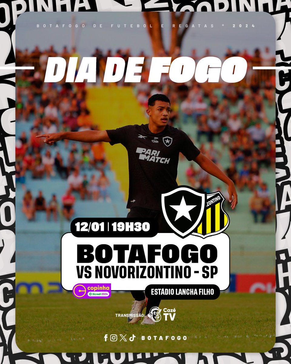 Botafogo's tweet photo. DIA DE FOGO! 🔥
O Botafogo enfrenta o Grêmio Novorizontino-SP pela 2ª fase da Copinha, às 19h30, no Estádio Lancha Filho, em Franca-SP. A partida terá transmissão da CazéTV. Bora, garotada! 🌟 #BFRBaseForte #FogoNaCopinha24 https://t.co/wrTCbbiNRA