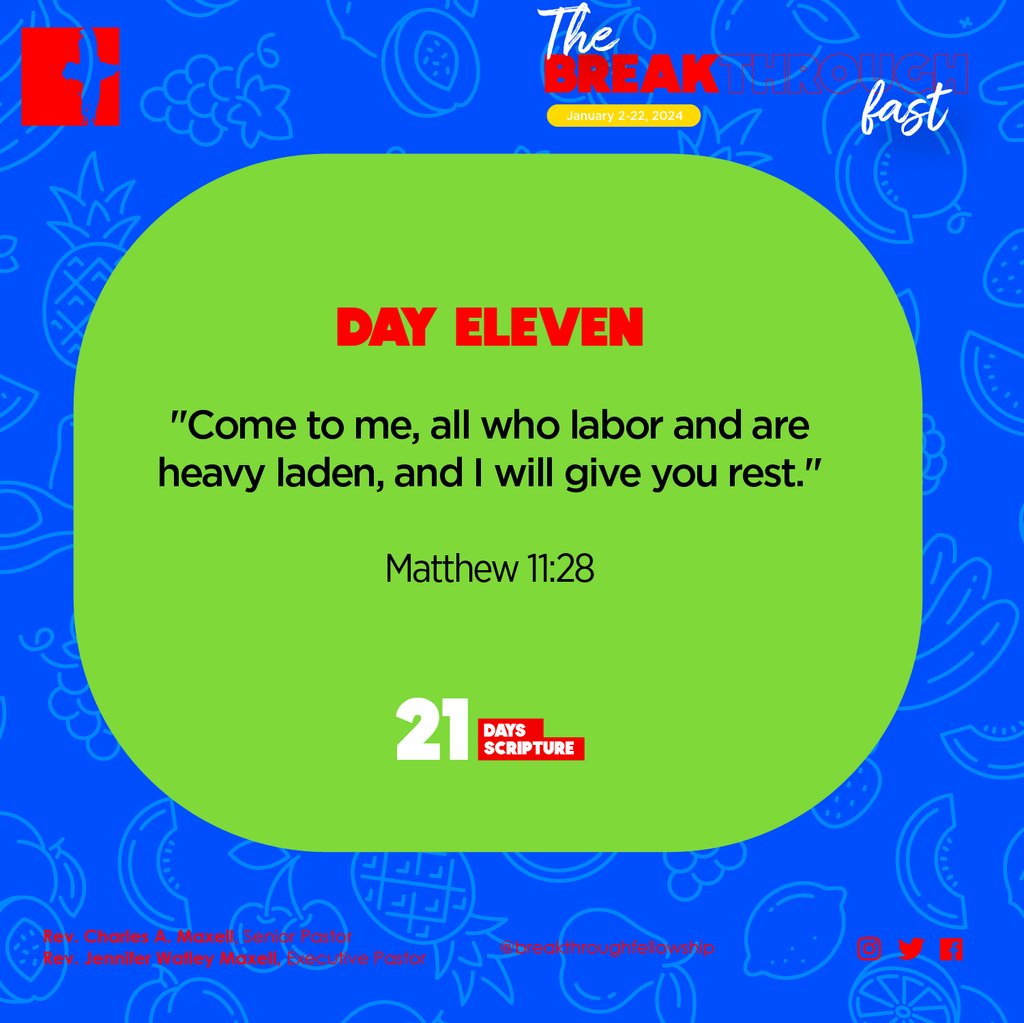 BTFellowship's tweet photo. Today is DAY ELEVEN of the breakthrough fast! ⁠
⁠
Here's our question of the day:⁠
When was the last time you rested or took a break? What's stopping you?
⁠
Let's us know your answer in the comments.⁠
⁠
#tbf #breakthroughfellowship #smyrna #church #allaboutgod https://t.co/JbRVcS4JvT