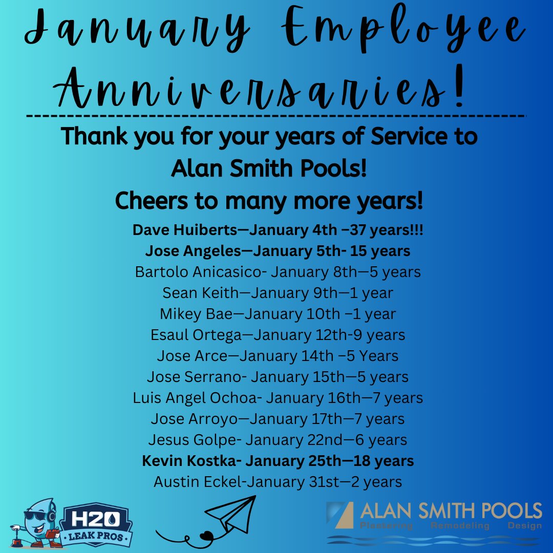 PoolRemodeling's tweet image. Happy Work Anniversary in January!! 

#Alansmithpools #longtermemployees #greatstaff