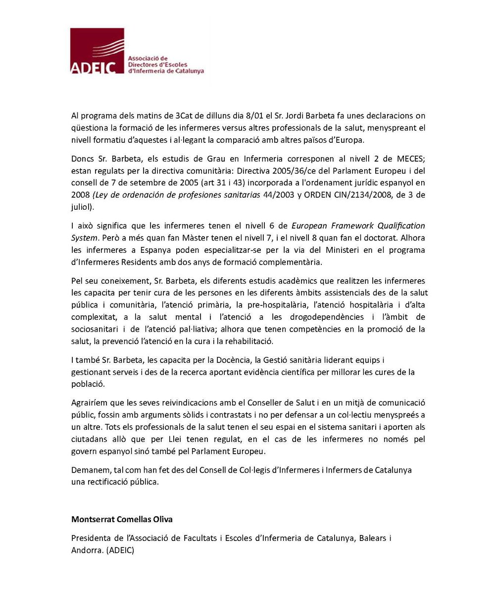 ADEIC (@adeic_) on Twitter photo Article de la Dra.Comellas, presidenta de l’Associació de Directores d'Escoles d’Infermeria de Catalunya, Balears i Andorra (<a href="/ADEIC_/">ADEIC</a>) en relació a les afirmacions del periodista i col·laborador del programa <a href="/elsmatins/">Els matins TV3</a> de <a href="/som3cat/">3Cat</a>, el sr. <a href="/jordibarbeta/">Jordi Barbeta</a>, en contra de les infermeres Article de la Dra.Comellas, presidenta de l’Associació de Directores d'Escoles d’Infermeria de Catalunya, Balears i Andorra (<a href="/ADEIC_/">ADEIC</a>) en relació a les afirmacions del periodista i col·laborador del programa <a href="/elsmatins/">Els matins TV3</a> de <a href="/som3cat/">3Cat</a>, el sr. <a href="/jordibarbeta/">Jordi Barbeta</a>, en contra de les infermeres