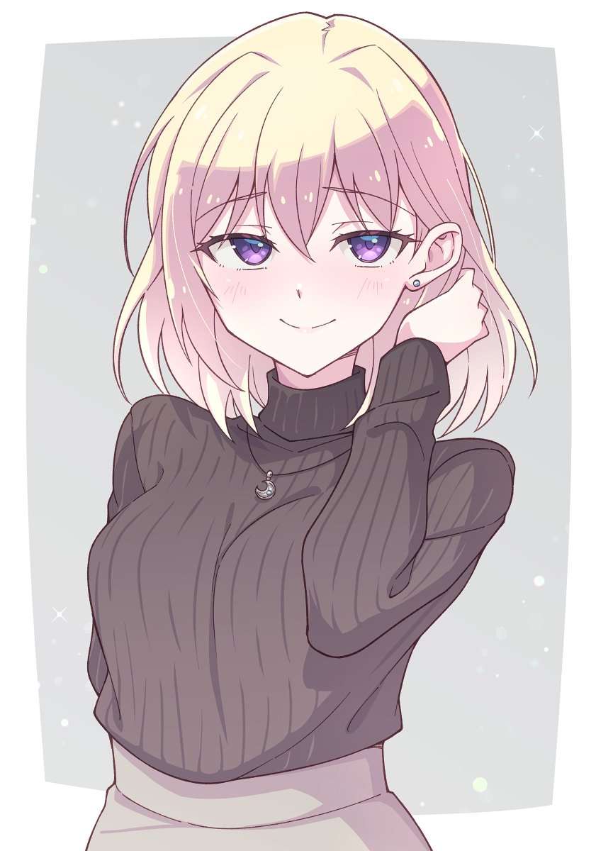 1girl solo jewelry purple eyes sweater smile blonde hair  illustration images