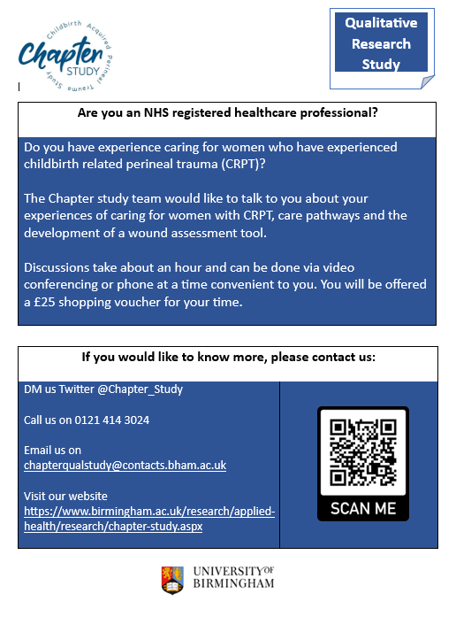 The Childbirth Acquired Perineal Trauma Study (@chapter_study) on Twitter photo We would like to hear the experiences of NHS healthcare professionals who care for women with childbirth related perineal trauma. Email chapterqualstudy@contacts.bham.ac.uk or DM <a href="/Chapter_Study/">The Childbirth Acquired Perineal Trauma Study</a> for more information.
@amy_delicate <a href="/sarahhillman26/">Sarah Hillman 💙</a> @drlauraljones We would like to hear the experiences of NHS healthcare professionals who care for women with childbirth related perineal trauma. Email chapterqualstudy@contacts.bham.ac.uk or DM <a href="/Chapter_Study/">The Childbirth Acquired Perineal Trauma Study</a> for more information.
@amy_delicate <a href="/sarahhillman26/">Sarah Hillman 💙</a> @drlauraljones