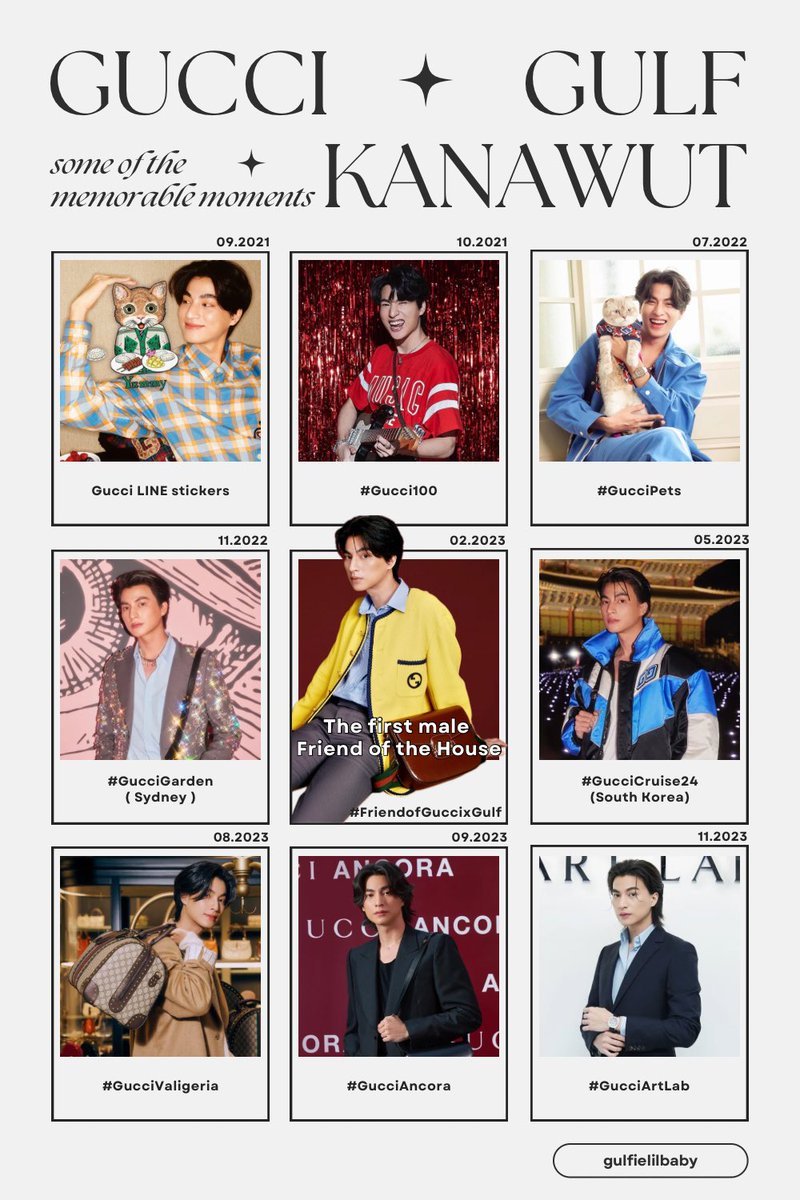 โมเมนต์บางส่วนที่น้องกลัฟ Friend of House ได้ร่วมงานกับทาง Gucci มาตลอดจนถึงปัจจุบัน วันนี้เป็นอีกโมเมนต์สำคัญของน้องกลัฟที่ได้เข้าร่วมชมโชว์ Gucci คอลเลกชั่น Menswear Fall/Winter 2024-25 ในงาน Milan Men Fashion Week 2024 ✨

GULF​ X GUCCI MFW
#GucciFW24xGulf
