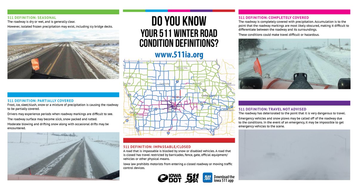When you look at the 511ia.org map, you'll see roads "painted" different colors to indicate winter road conditions. Our crews in the field update the the map as conditions change based on what they are seeing. For more info, go to iowadot.gov/511/Road-condi… #IAWX
