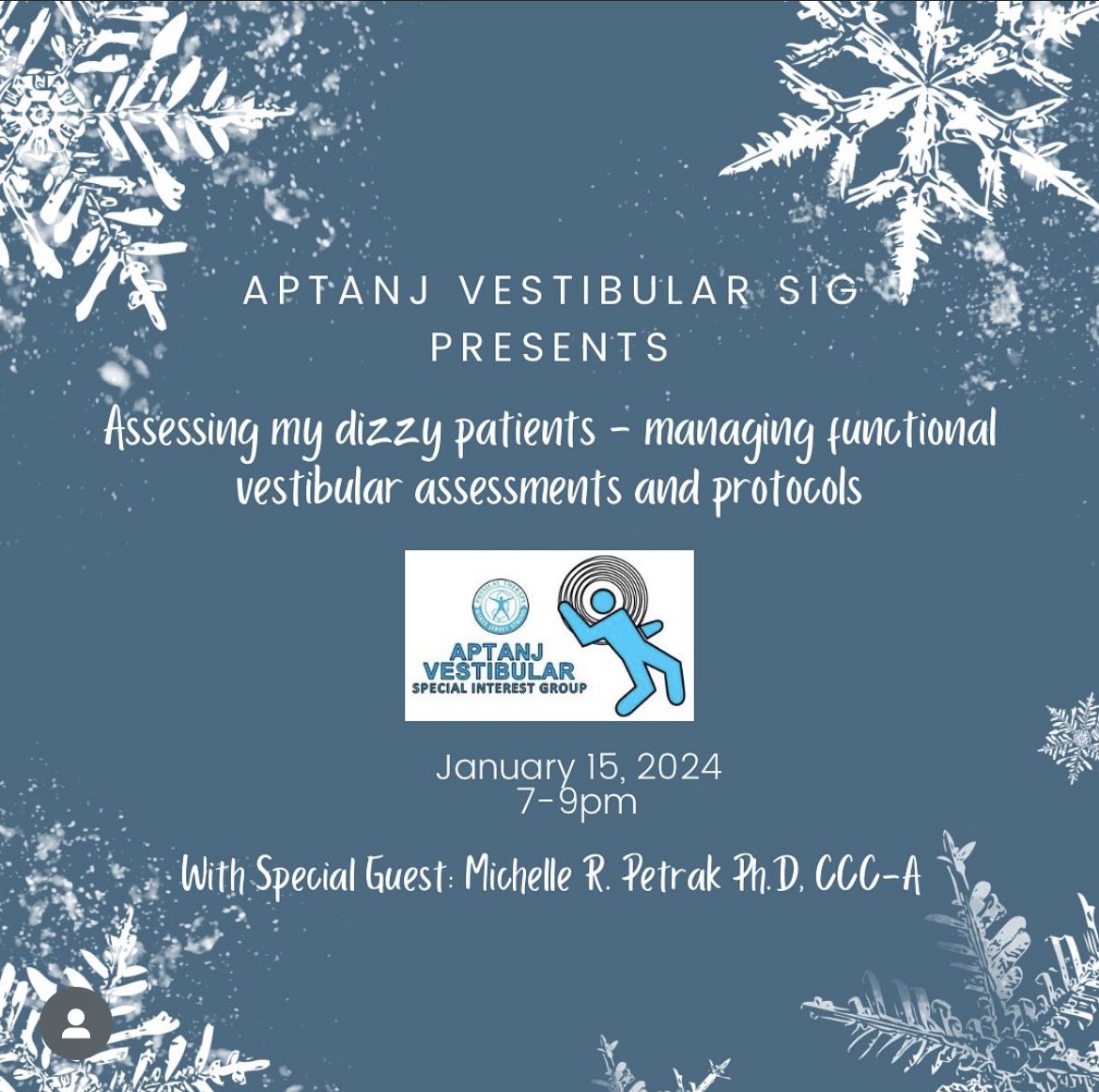 jstoskusDPT's tweet photo. Join us THIS MONDAY January 15th 7-9pm EST to review functional vestibular assessments and protocols and learn how #PhysicalTherapy can better engage with #audiology 
Register at: https://t.co/YMV47kKoMK 

*registration is open to all!

#vestibularrehabilitation #dizzypatients https://t.co/ZUXo2trtcK