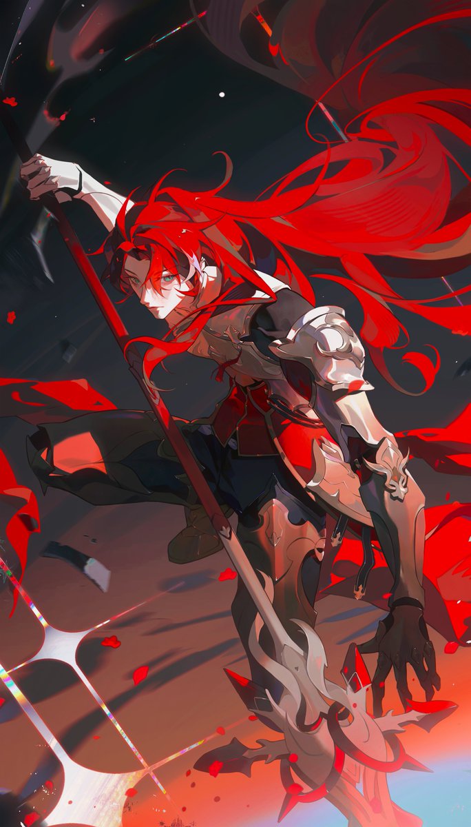 red hair long hair armor weapon 1boy solo polearm  illustration images