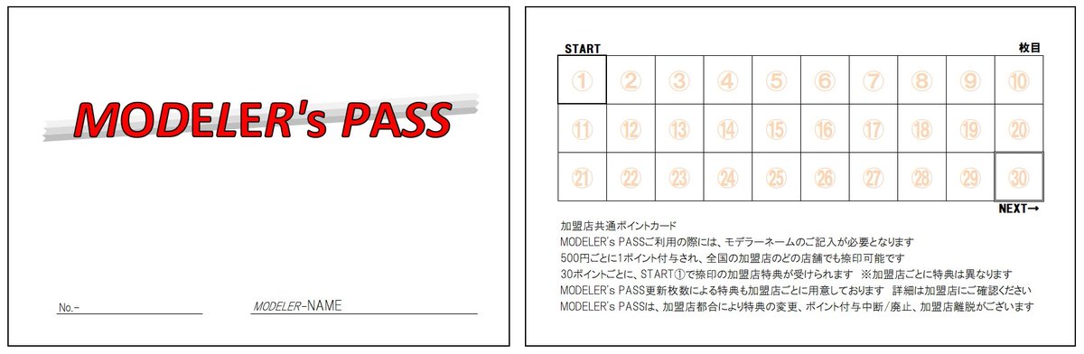 MODELERSPASS's tweet photo. プラモ/模型/造形に関わるお店の共通のポイントカードが出来たらいいなってずっと思っていました

あの店でもこの店でもスタンプ押して貯まるポイントカード

ルールは簡単
START①を押したお店でスタートして㉚NEXT→まで押せたら、①を押したお店で特典がもらえる
②から㉙はどのお店でも大丈夫

→ https://t.co/erkktfyGJ9