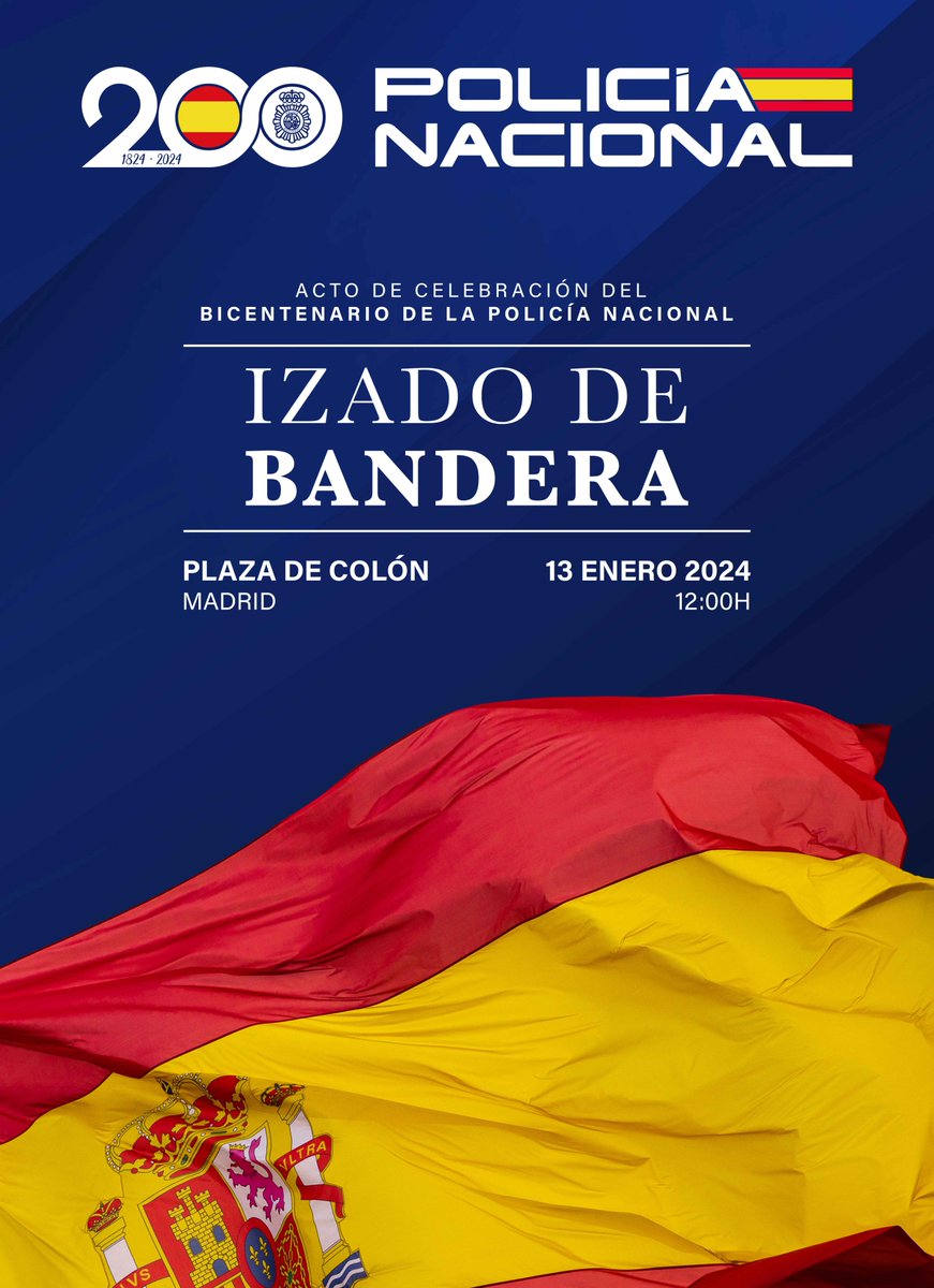 policia's tweet photo. Desde las 11:30 horas puedes seguir el acto de izado de bandera celebrando el Bicentenario de la @policia

📍 Plaza de Colón #Madrid 

Puedes seguirlo en streaming en nuestro canal de #YouTube ⬇️

https://t.co/fRJjW4s5tp 

#ComprometidosContigo #BicentenarioPolicía https://t.co/nt8fMCN4b1