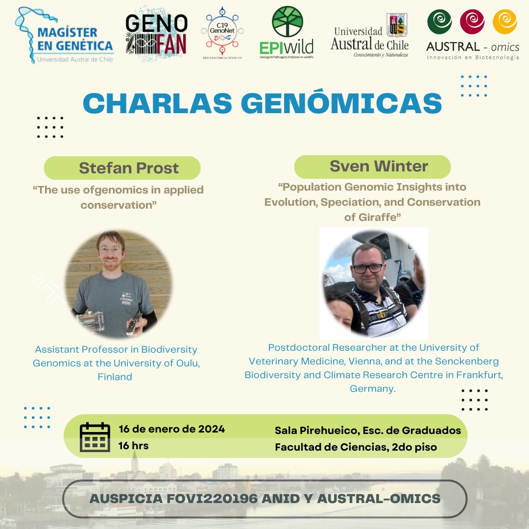 EpiwildUACh's tweet photo. Especialistas en genómica de la conservación, paleonómica y genómica evolutiva estarán en la #UACh este martes 16! 
Convenio permitirá desarrollar investigación genómica en Chile con tecnología de primer nivel para aumentar conocimiento de especies nativas.
#ValdiviaCl #Genomics https://t.co/maK2YA70wZ