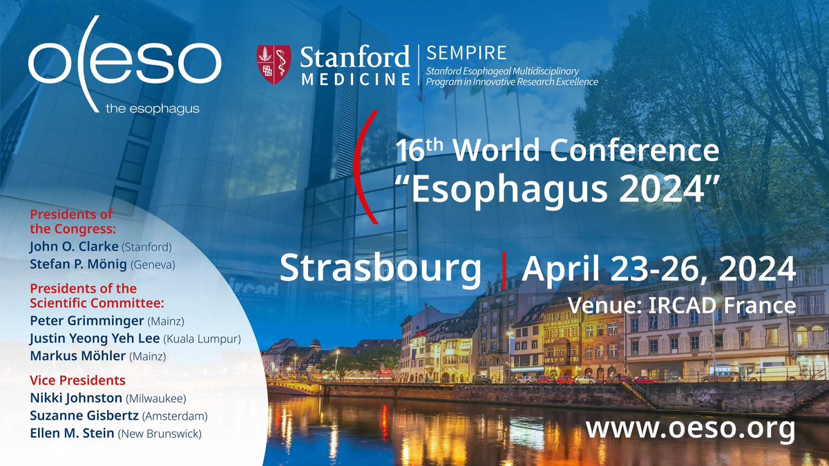 Join us at the 16th OESO World Conference - “Esophagus 2024” Dates: April 23-26, 2024 Venue: IRCAD (Strasbourg 🇫🇷) Info & Registration: esophagus-conference-2024.oeso.org Highlights: ⭐️36 scientific sessions ⭐️Hands-on surgical & robotics courses ⭐️Motility course ⭐️Research abstracts