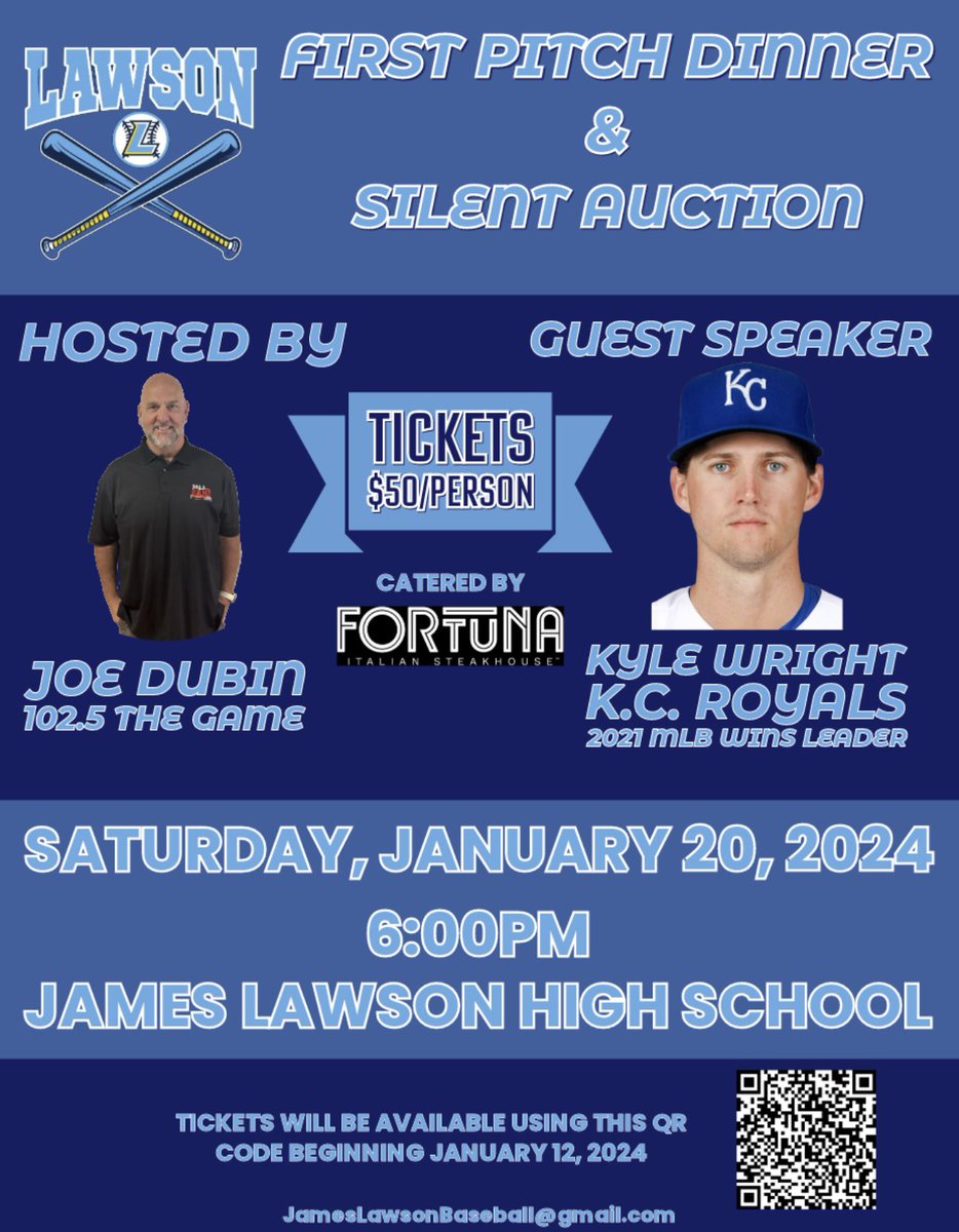 Tickets are now available for the Inaugural Lawson Baseball First Pitch Dinner. Touch the QR code and get yours today! The deadline to purchase is 1/17.