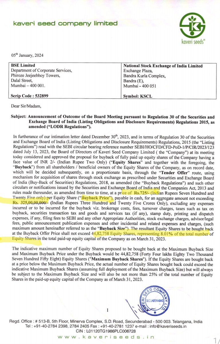 ResGloStocks's tweet photo. 🇮🇳Kaveri continues with its plan: last week, it announced a new share buyback program that could reach 8% of the total issued shares. The price is 725 rupees, and it is trading at 654. $KSCL #bse #indianstockmarket https://t.co/efSkN6NGOn