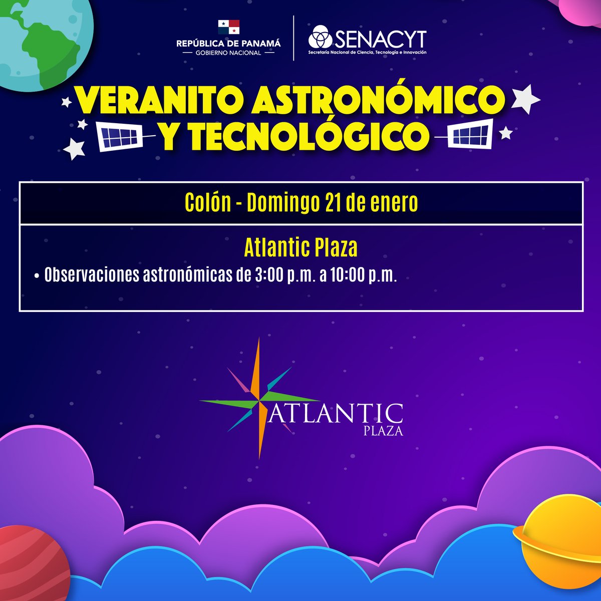 senacyt's tweet photo. Veranito Astronómico y Tecnológico de la @senacyt
Guarda las fechas
✅️Provincia de Herrera 🗓18 de enero de 2024. ✅️Provincia de Coclé 🗓19 de enero de 2024.
✅️Provincia de Colón 🗓 21 y 22 de enero de 2024.
#YoPuedoProgramar #AmolaCiencia https://t.co/sagsGWHJCz