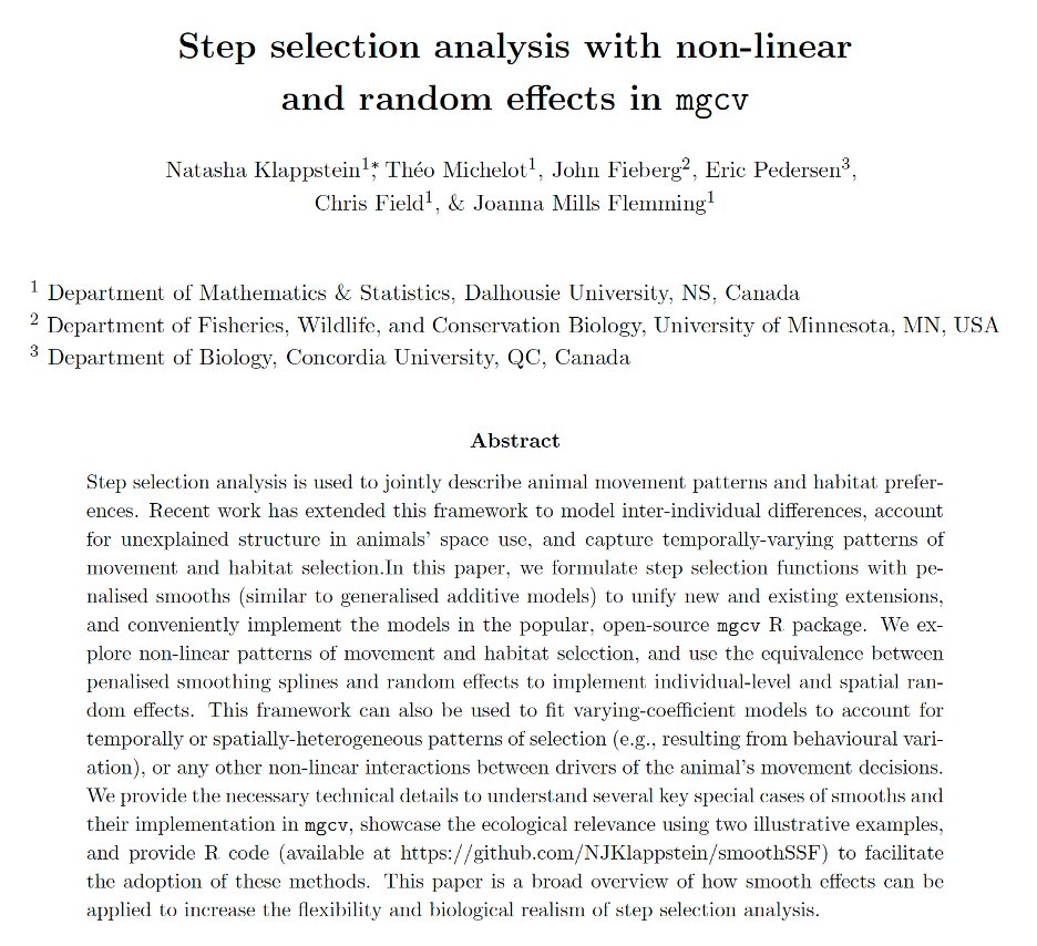 My first PhD chapter is out as a preprint! We formulate step selection functions as GAM-like models, which can be fitted in mgcv. This allows for the inclusion of non-linear effects/interactions, as well as individual-level and spatial random effects! doi.org/10.1101/2024.0…