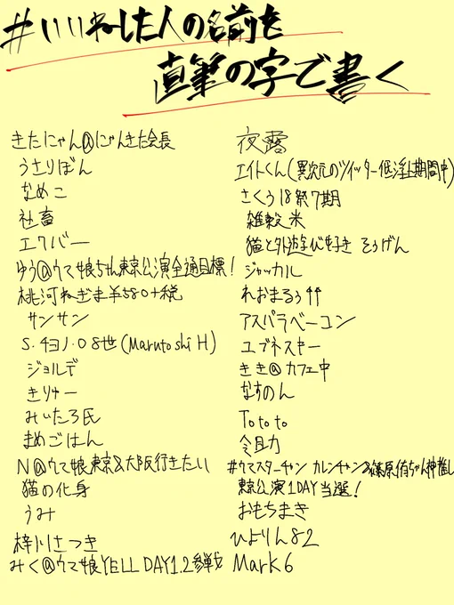 名前、描いたよ〜
ただしスパムっぽい人は除いた
あと記号とかは書けませんでした
あしからず! 