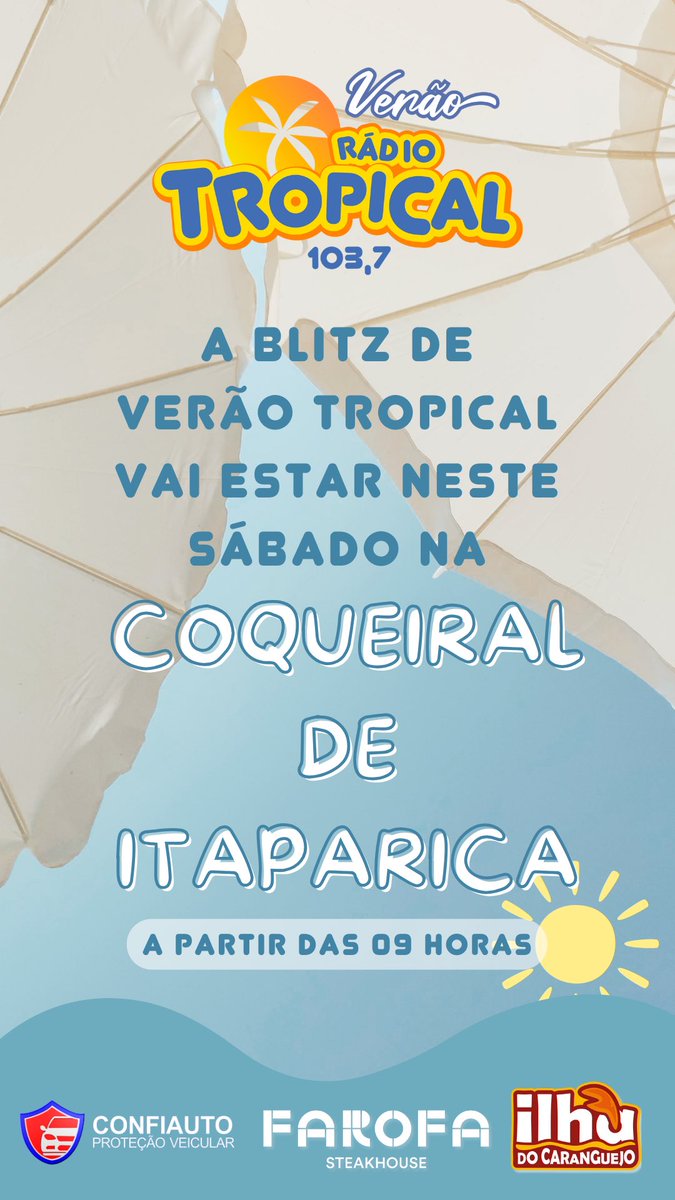📢 Atenção! A Blitz de Verão Tropical estará neste sábado na Praia de Coqueiral de Itaparica em Vila Velha! Vem curtir o verão com a número 1 do público jovem 😎🤩☀️

#vilavelha #radiotrpical #verão #bliztropical