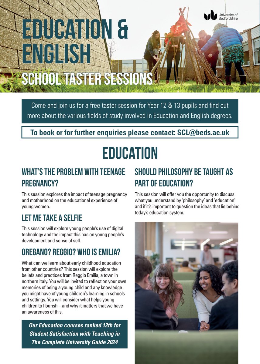 uniofbeds's tweet photo. Calling all local schools &amp; colleges!📢 We're holding Taster Days with @UoB_SEEL for year 12 &amp; 13 students so they can experience what it's like to study Education &amp; English at university!🎓 

Find out more in the flyer below &amp; register at: https://t.co/VfUr9Y3d82👈 #Bedfordshire https://t.co/1cmwV0QHeD
