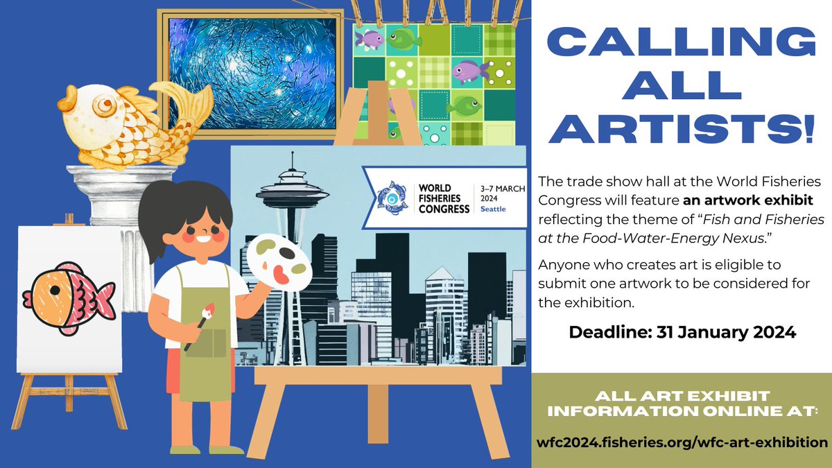 We are excited to host an artwork exhibit featuring YOUR ART at #WFC2024 🐟 

We are looking for art that reflects the theme “Fish and Fisheries at the Food-Water-Energy Nexus”. 

All art of any type/style/medium is eligible. 

Apply before Jan. 31 2024 to have your art featured.
