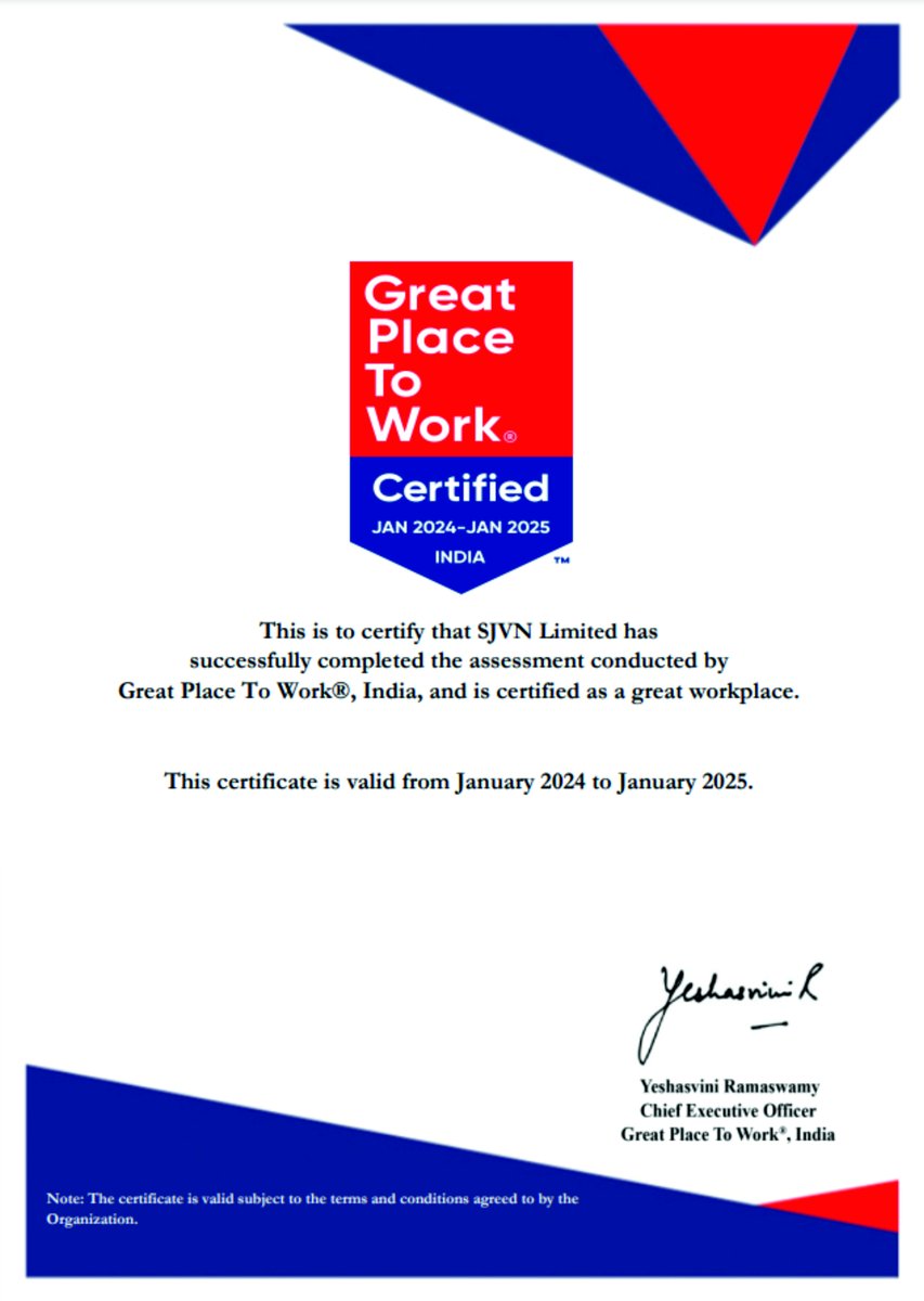 SjvnLimited's tweet photo. Sh. Nand Lal Sharma, CMD, @SjvnLimited proudly announced that SJVN has been certified as Great Place To Work. The certification has been issued by Great Place To Work™, India.
#SJVN @GPTW_India @OfficeOfRKSingh  @MinOfPower @power_pib @PTI_News @ANI @PIB_India https://t.co/pv8HzMCIaU