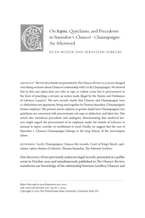 @euanroger & my latest on Chaucer-Chaumpaigne: why the timeline is paramount, why raptus precedents matter, why there couldn't have been a second case, why Plucknett's reading doesn't apply & why the records give us the certainty this is a labour dispute: muse.jhu.edu/pub/2/article/…