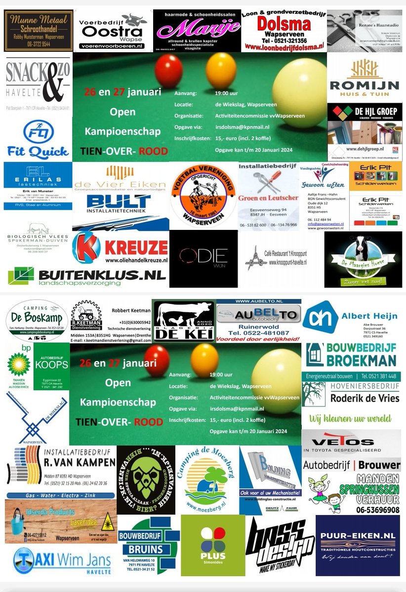 26 en 27 januari Open Kampioenschap Tien-Over-Rood <a href="/vvwapserveen/">V.V. Wapserveen</a>