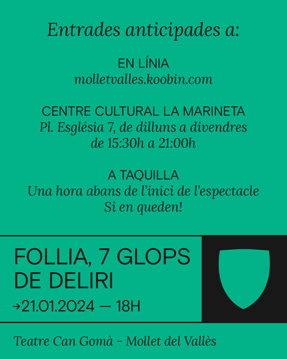Si us vau quedar sense entrada a l’estrena de “Follia, 7 glops de deliri”, teniu l’oportunitat de veure'ns a casa el proper dia 21 de gener! Correu que les entrades volen! #Mollet

🎟️ Entrades a molletvalles.koobin.com/index.php?acti…