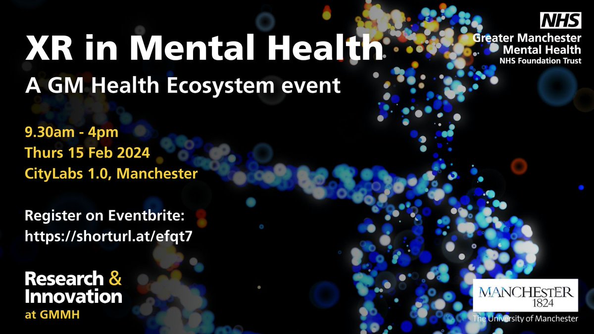 Our Research & Innovation department and @DigitalUoM invite you to our ‘XR in Mental Health’ Ecosystem event – a collaborative workshop to drive forward the use of extended reality in mental healthcare. Find out more: buff.ly/3NZ4aqN #ResearchGMMH #XR #Innovation