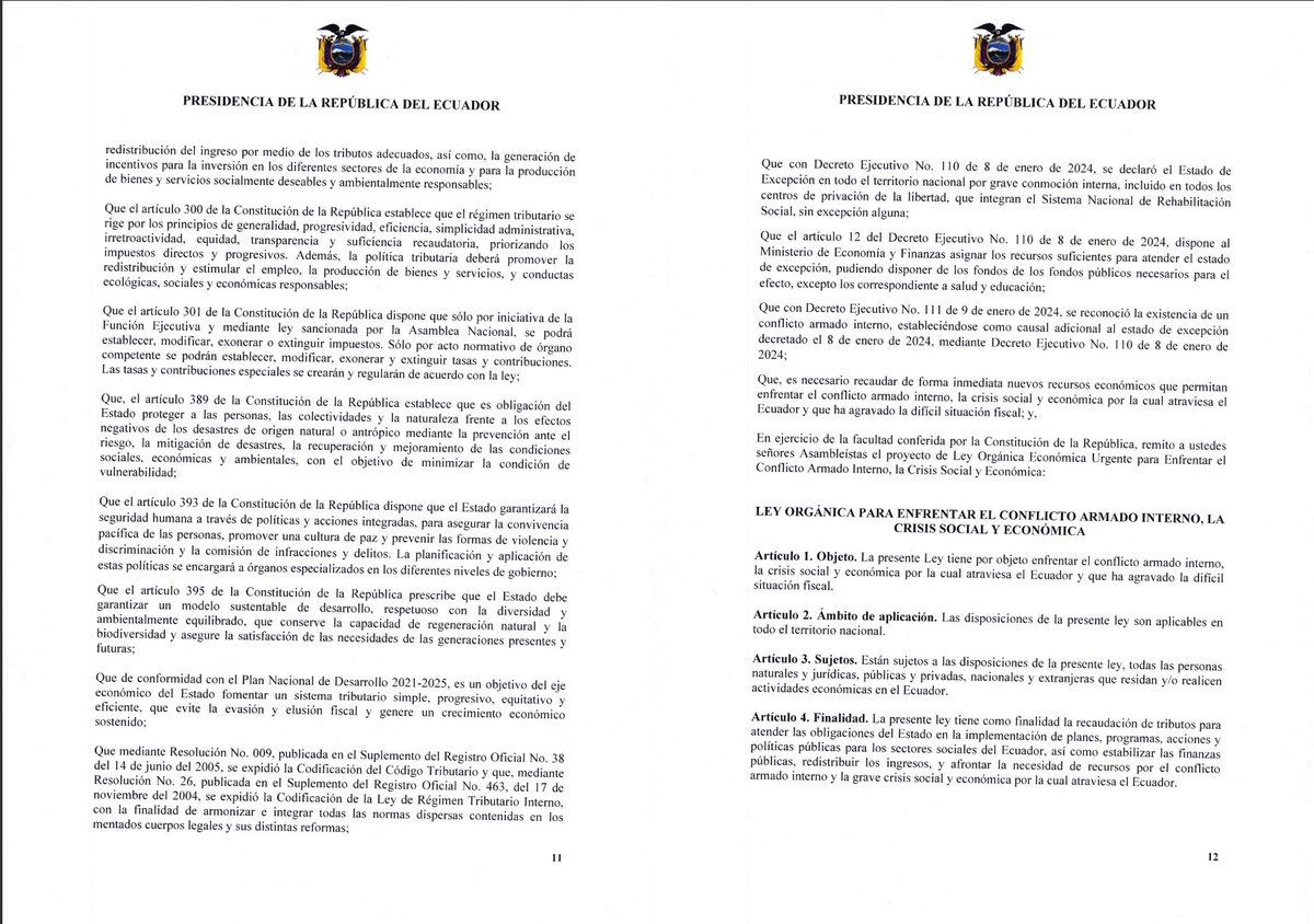 LorenaGaibor's tweet photo. El 11 de enero de 2024, el Presidente Daniel Noboa Azin presentó el proyecto de Ley Orgánica para enfrentar el conflicto armado interno, la crisis social y económica, que propone una modificación de la tarifa del impuesto al valor agregado, IVA, pasando del 12% al 15%. https://t.co/HoLfV5UcDt