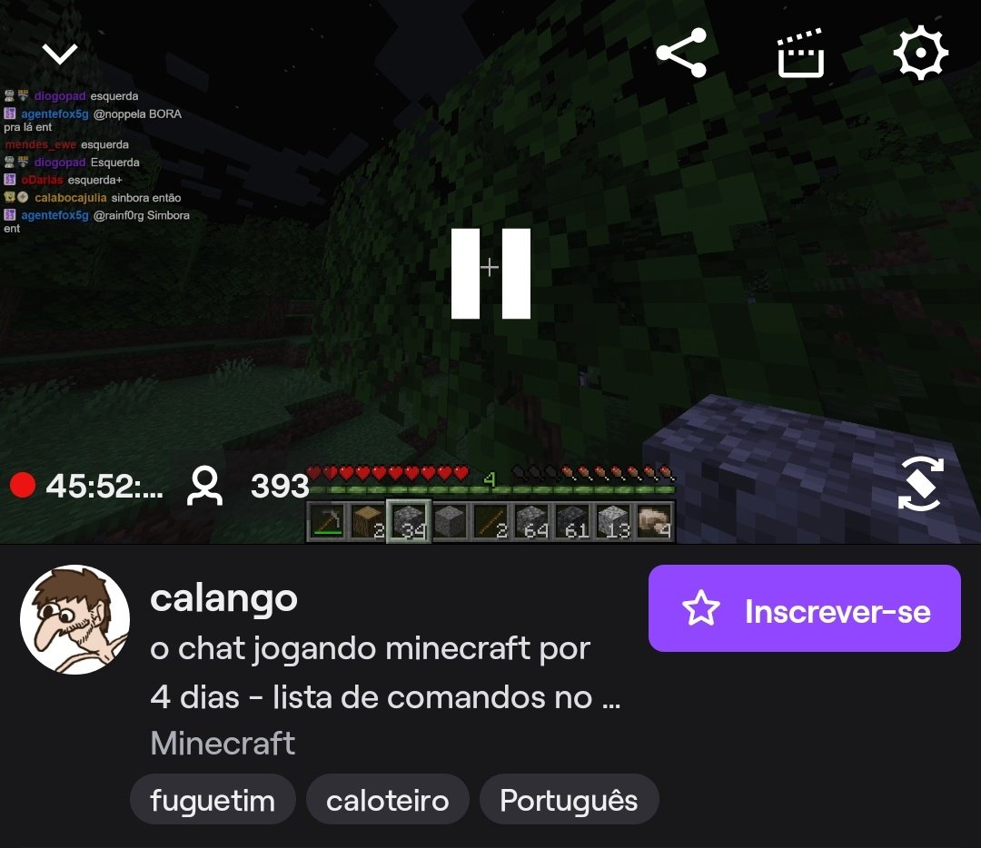 1sosoz's tweet photo. gente e o calango que tá a três dias jogando minecraft (vai completar quatro) e quem dá os comandos do que ele tem que fazer é o chat

esse homem é insano de bom https://t.co/zU441Kwp31