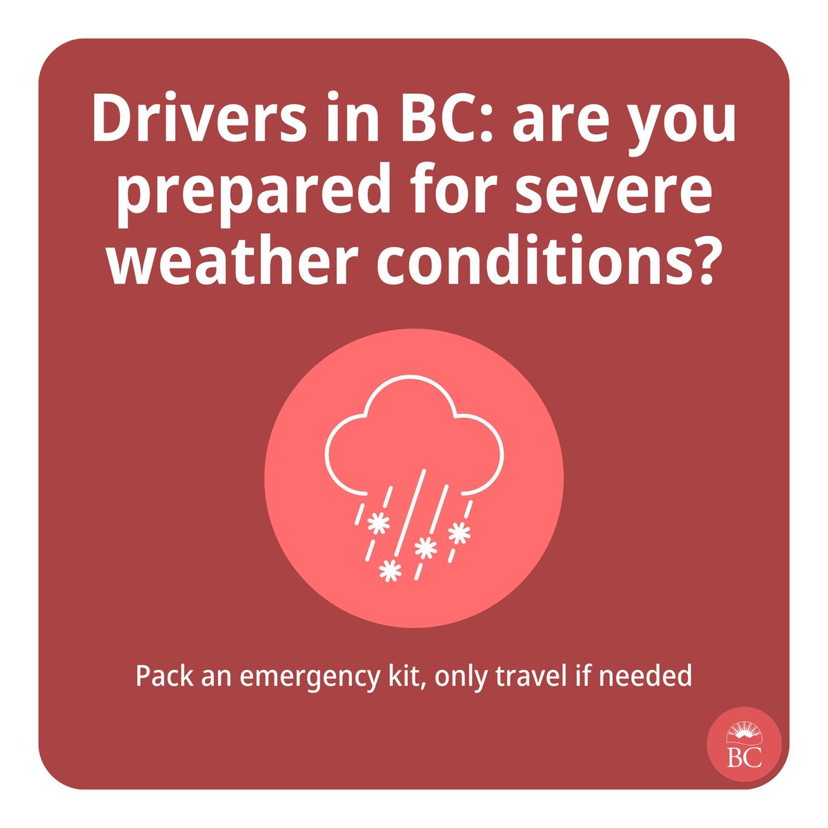 Extreme cold forecast; possible icy #BCHwy driving conditions, power outages❗❄️ 
👉 Check DriveBC, only travel if needed: bit.ly/2Q9po6m
👀  See Environment Canada Alerts: bit.ly/3MssmBc
🎒 Pack these items in a travel emergency kit: bit.ly/4aVbWMg