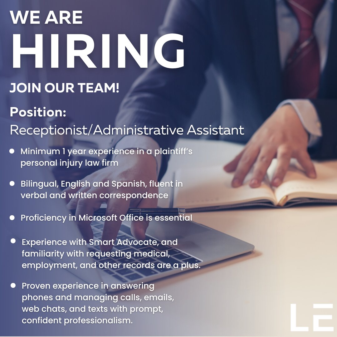 We are Hiring! Join our dynamic team!  Check out the details and apply now on our LinkedIn!

#JobOpportunity #LegalJobs #WhitePlainsNY #WestchesterNYJobs #WestchesterJobs